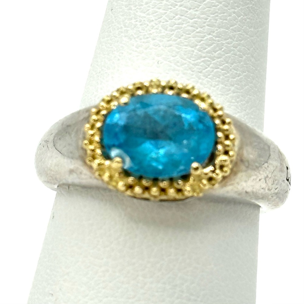 Lagos Caviar Silver & Gold Faceted Blue Topaz Ring Size 7
